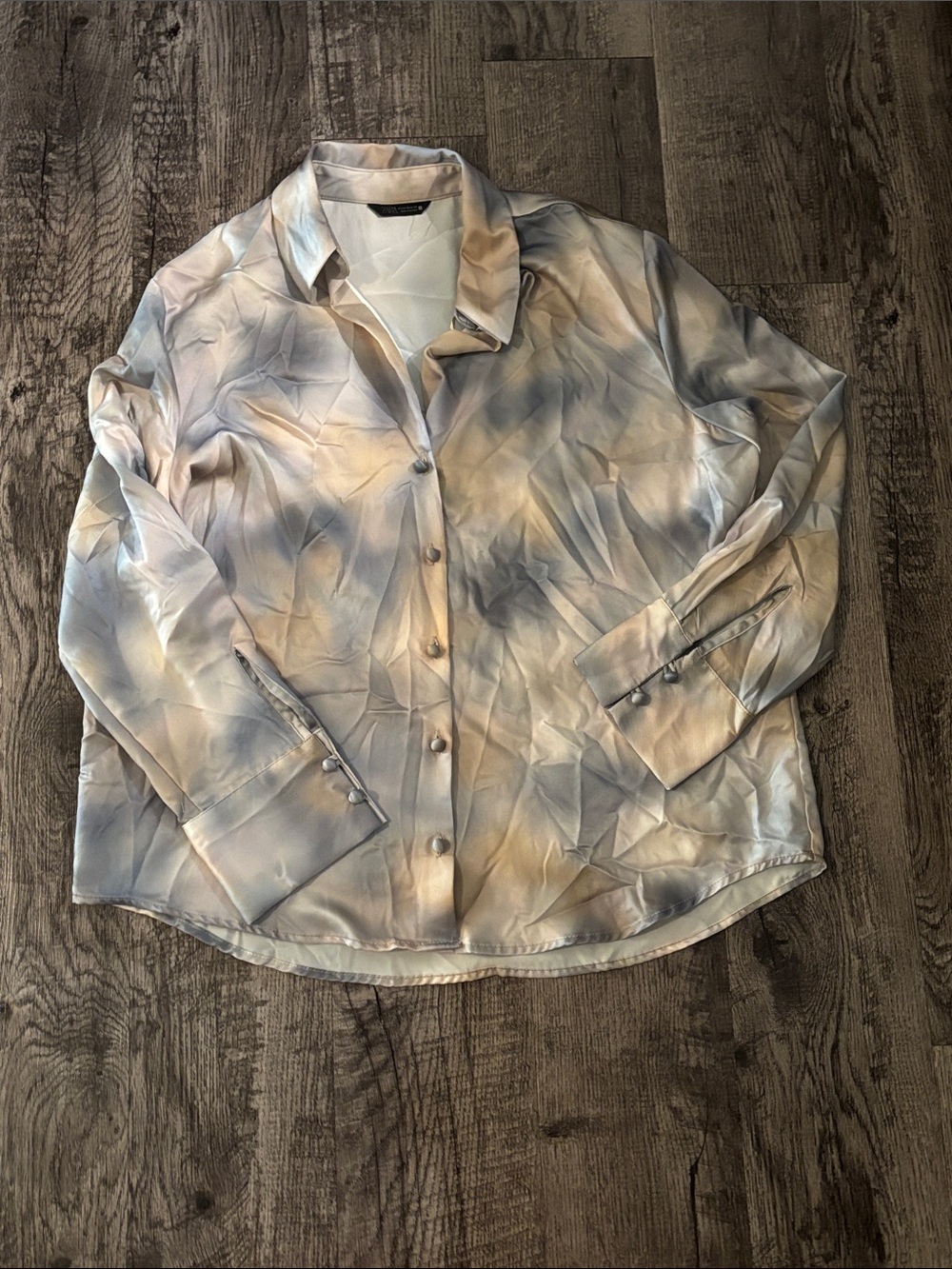 Zara Satin Button-Down V-Neck Blouse - Blue and Grey - Size XSmall